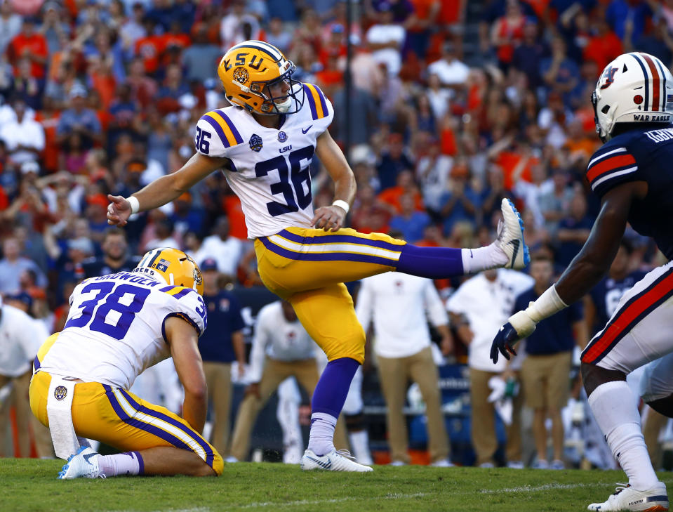 LSU place kicker Cole Tracy kicks the winning field goal to defeat Auburn in the final seconds Saturday. LSU fans are donating Assumption College, Tracy’s alma mater, in appreciation for their new kicker. (AP Photo/Butch Dill)