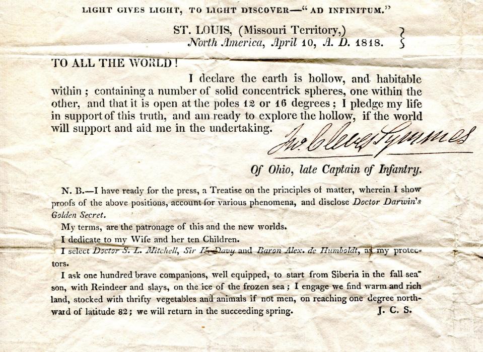 Capt. John Cleves Symmes published Circular No. 1 on April 10, 1818, declaring his belief that the Earth was hollow and the interior was habitable.