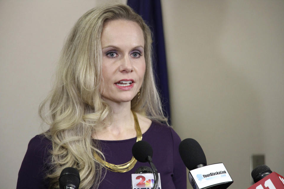 FILE - Alaska Department of Administration Commissioner Kelly Tshibaka addresses reporters in Anchorage, Alaska on Sept. 26, 2019. Republican Tshibaka raised $673,383 last quarter, a total that included donations from a fundraiser at Trump's Mar-a-Lago resort in Florida, which Trump attended. As of March 31, 2022, Tshibaka had $967,600 cash on hand with just over $95,000 in debts. (AP Photo/Mark Thiessen, File)