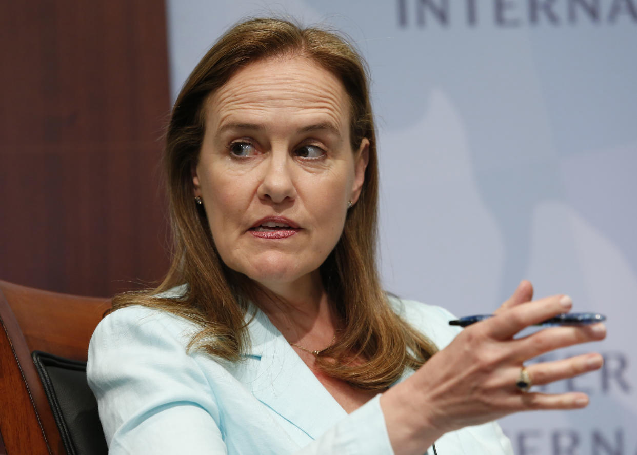 Former Defense Undersecretary for Policy Michele Flournoy, CEO of the Center for a New American Security, participates in a panel discussion at the Center for Strategic and International Studies (CSIS) in Washington, June 2, 2014. REUTERS/Yuri Gripas (UNITED STATES - Tags: POLITICS)