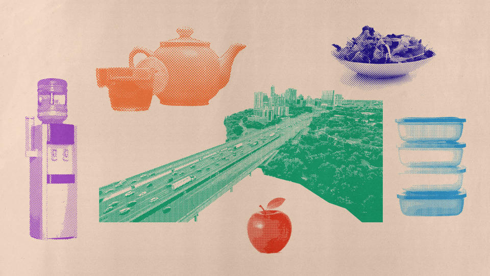 illustration of a cityscape with an apple, water, containers and a teapot around it