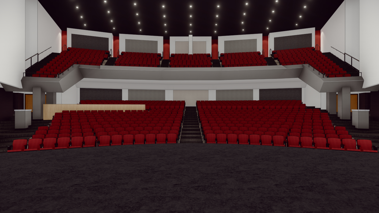 A conceptual drawing shows the addition of a center aisle in Pickard Auditorium.