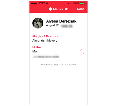 Medical ID screen for Alyssa Bereznak