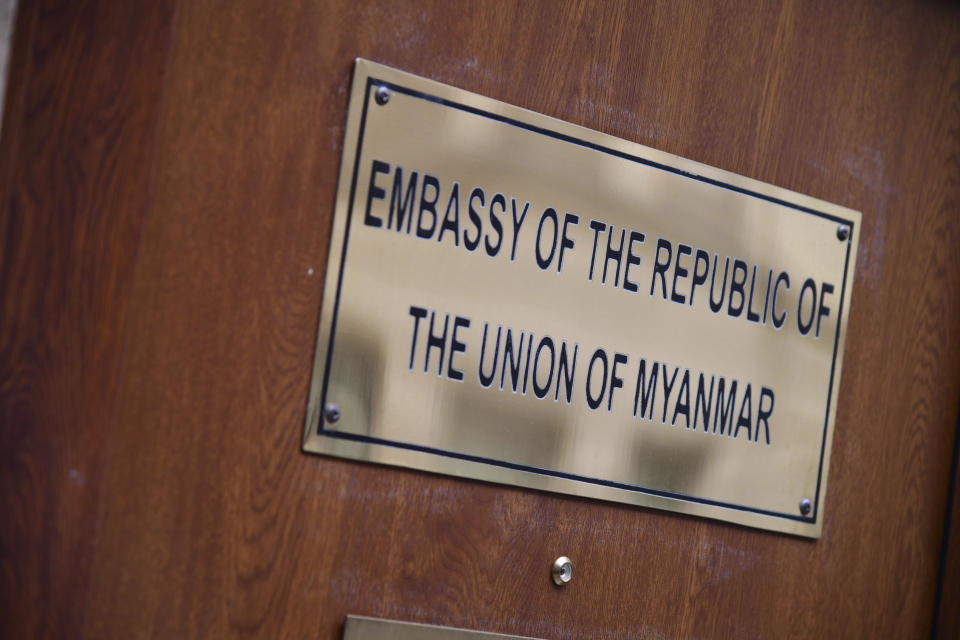The name plaque outside the Embassy of Myanmar in central London, Tuesday Feb. 2, 2021, after the ambassador was summoned to the Foreign Office on Monday evening following Prime Minister Boris Johnson's condemnation of the military coup in the South East Asian country. Some hundreds of members of the country's Parliament remained confined inside their government housing the country's capital on Tuesday, including Nobel laureate and de facto leader Aung San Suu Kyi. (Ian West/PA via AP)