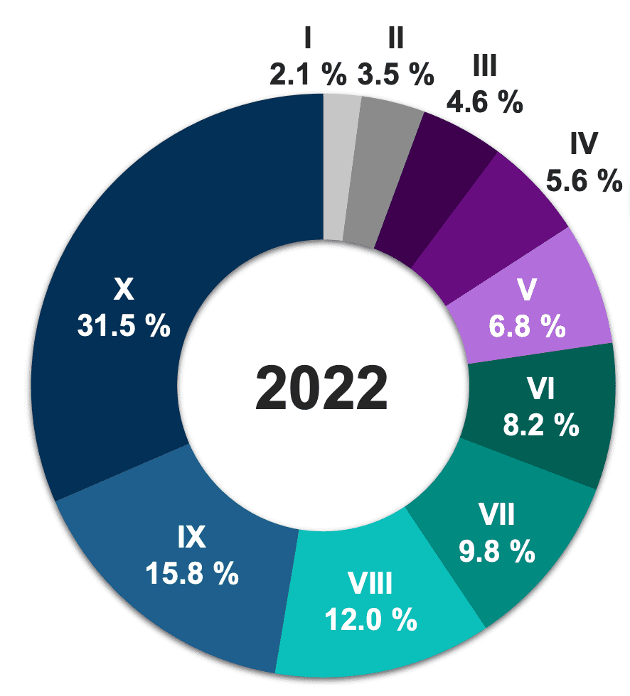 Distribución porcentual del ingreso corriente total trimestral,por deciles de hogares. Encuesta Nacional de Ingresos y Gastos de los Hogares 2022. INEGI. 