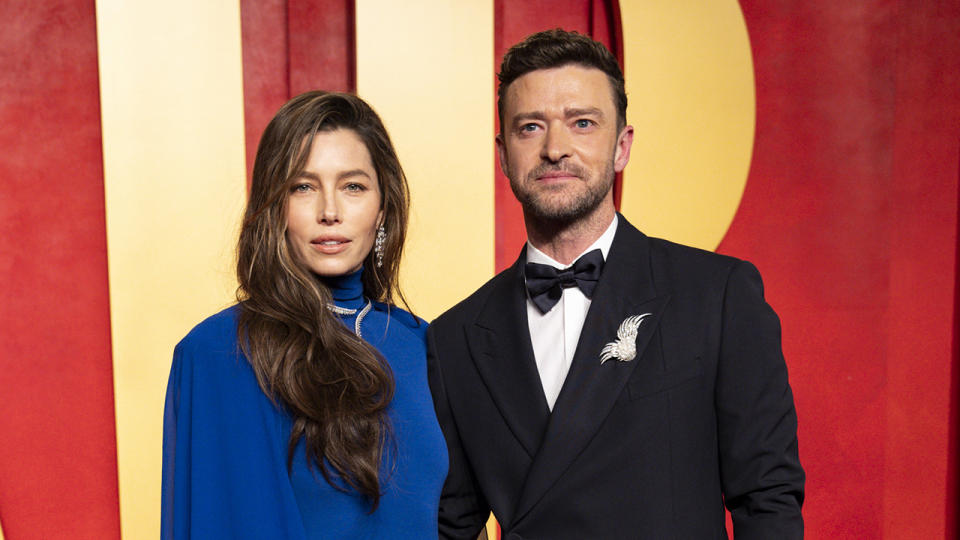 Jessica Biel and Justin Timberlake at the 2024 Vanity Fair Oscar Party held at the Wallis Annenberg Center for the Performing Arts on March 10, 2024 in Beverly Hills, California.