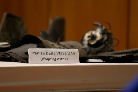 Remains of the missiles which Saudi government says were used to attack an Aramco oil facility, are displayed during a news conference in Riyadh