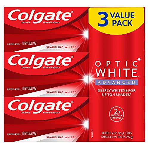 Colgate Optic White Advanced Hydrogen Peroxide Toothpaste, Teeth Whitening Toothpaste Pack, Enamel-Safe Formula, Helps Remove Tea, Coffee, and Wine Stains, Sparkling White, 3 Pack, 3.2 Oz