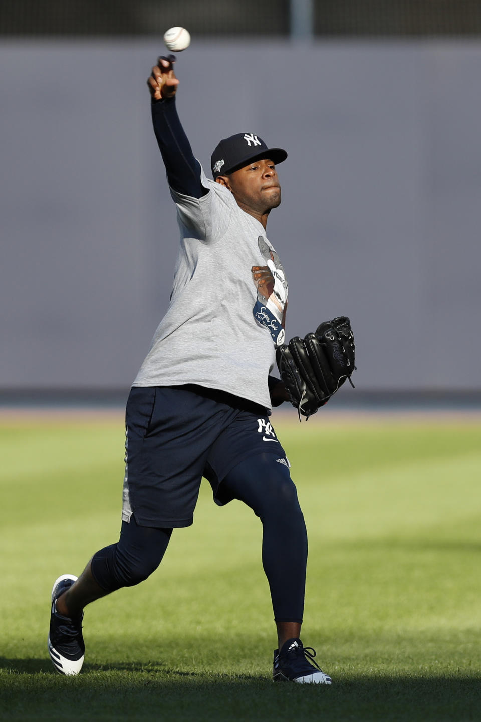 New York Yankees starting pitcher Luis Severino throws on an empty field, Monday, Oct. 14, 2019, at Yankee Stadium in New York on an off day during the American League Championship Series between the Yankees and the Houston Astros. Severino is scheduled to face Astros' ace Gerrit Cole in Game 3, scheduled for Tuesday afternoon in New York. (AP Photo/Kathy Willens)