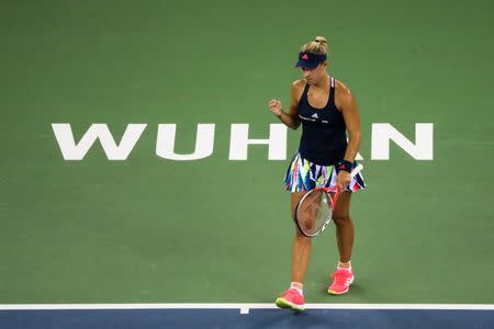 Tennis - Wuhan Open Women's Singles third round - Wuhan, Hubei Province, China - 28/9/16. Angelique Kerber of Germany plays against Petra Kvitova of the Czech Republic. REUTERS/Stringer