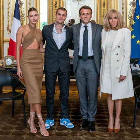 Justin y Hailey Bieber con Emmanuel Macron y Brigitte