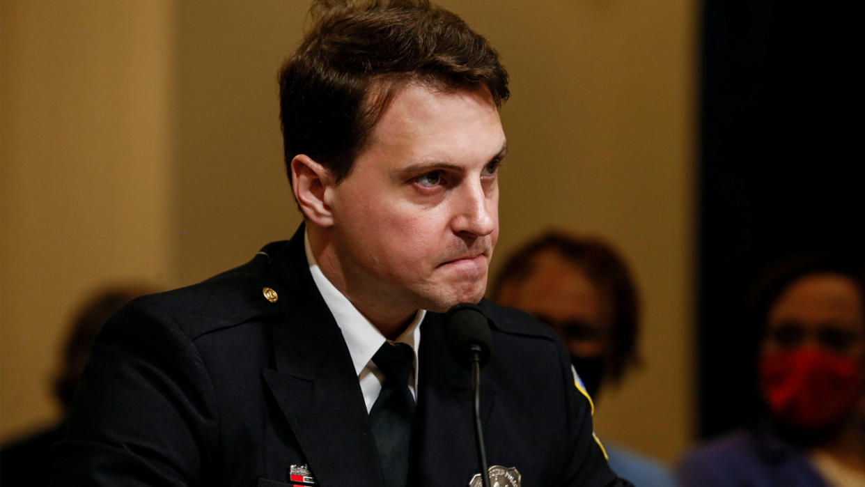 Metropolitan Police Department Officer Daniel Hodges testifies during the opening hearing of the U.S. House (Select) Committee investigating the January 6 attack on the U.S. Capitol, on Capitol Hill in Washington, U.S., July 27, 2021. (Jim Bourg/Reuters)