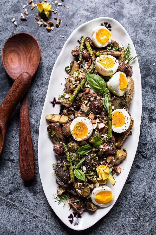 Grilled Potato Salad with Almond-Basil Chimichurri & Eggs