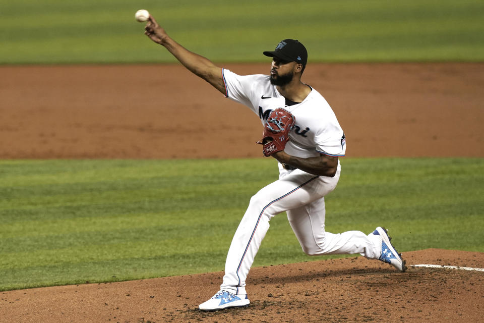 Miami Marlins' starting pitcher Sandy Alcantara throws during the third inning of a baseball game against the Toronto Blue Jays, Tuesday, June 22, 2021, in Miami. (AP Photo/Marta Lavandier)