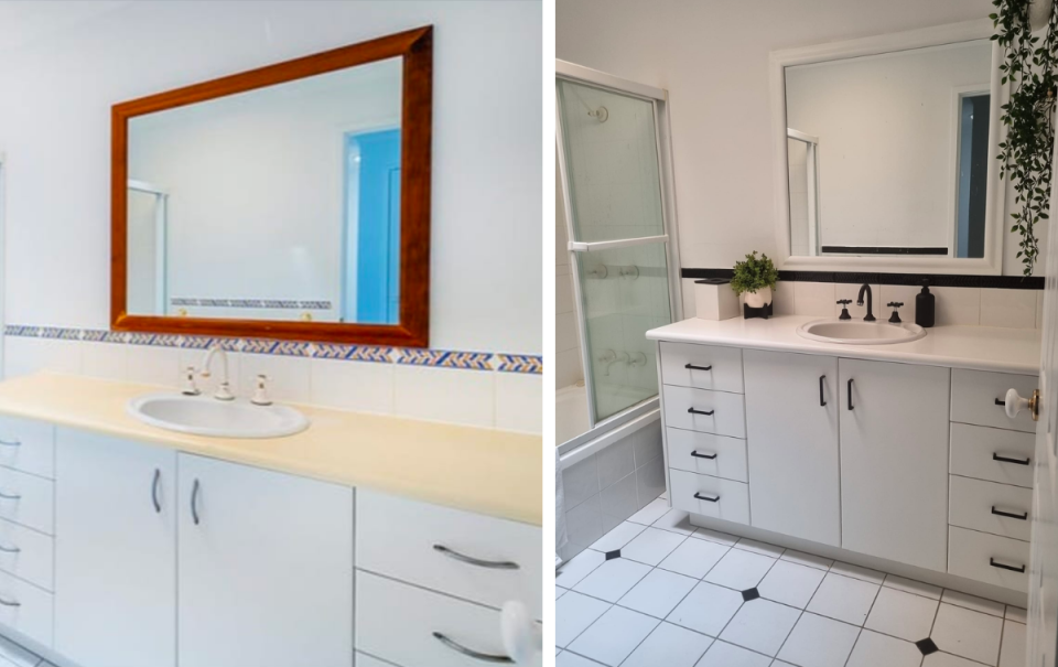 Before and after photos of a renovated bathroom using Kmart products