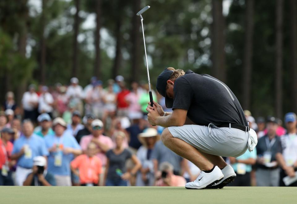 PINEHURST, NORTH CAROLINA - AUGUST 18: John Augenstein reacts after a putt on the 15th hole during the 119th USGA U.S. Amateur Championship 36 hole final at Pinehurst Resort and Country Club on August 18, 2019 in Pinehurst, North Carolina. (Photo by Streeter Lecka/Getty Images)