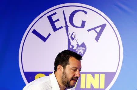 Deputy Prime Minister and League party leader Matteo Salvini arrives to address a news conference at the League party headquarters, following the results of the European Parliament elections, in Milan, Italy May 27, 2019. REUTERS/Alessandro Garofalo