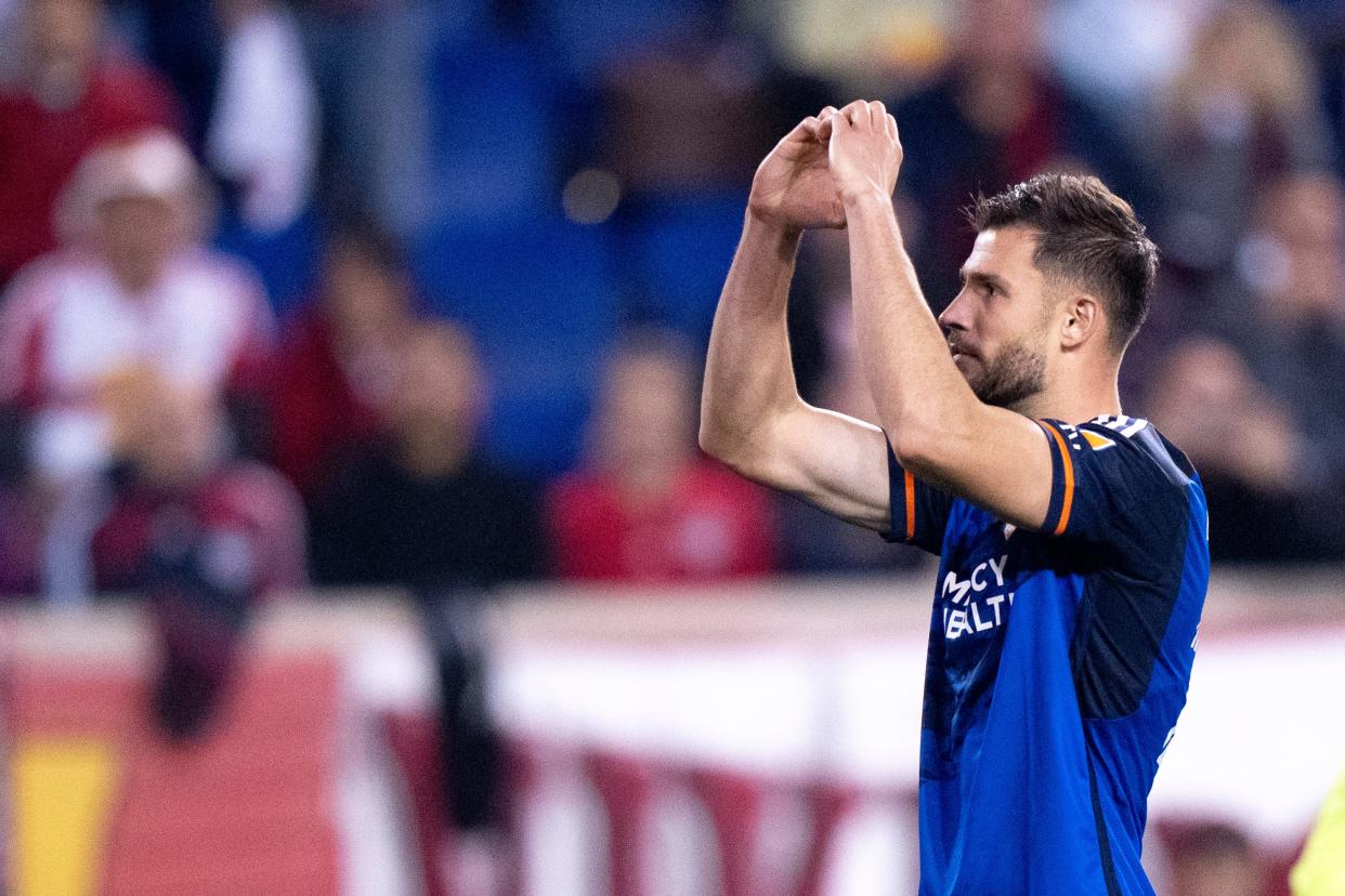 FC Cincinnati defender Matt Miazga (21) gestures after hitting his penalty kick in the MLS playoff match between the New York Red Bulls and FC Cincinnati at Red Bull Arena in Harrison, N.J., on Saturday, Nov. 4, 2023.