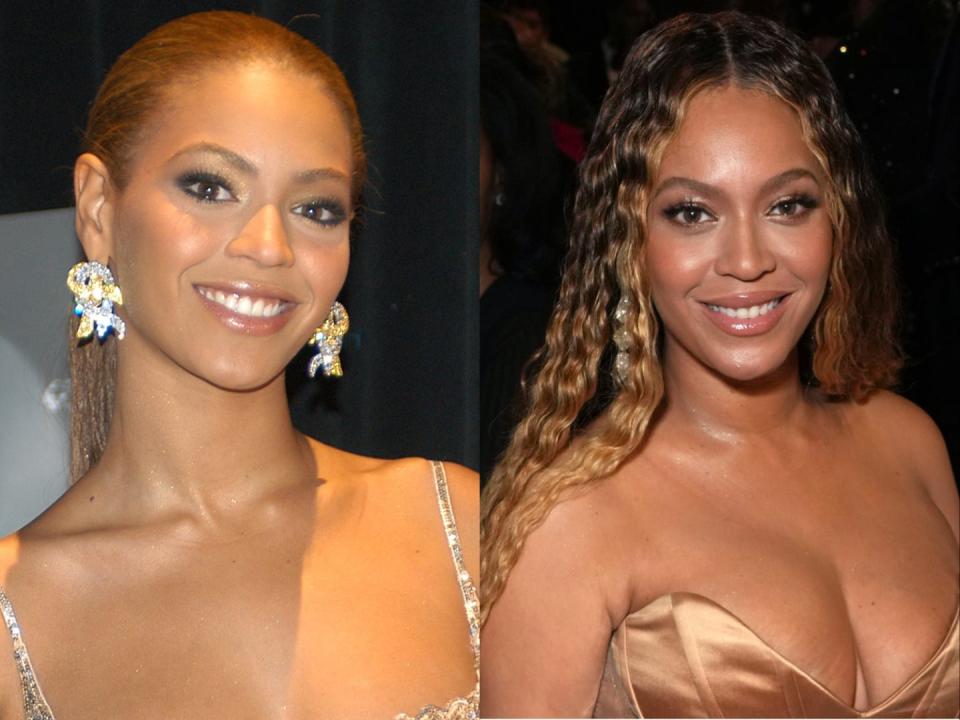 On the left, Beyonce smiling in 2003. On the right, Beyonce smiling in 2023.