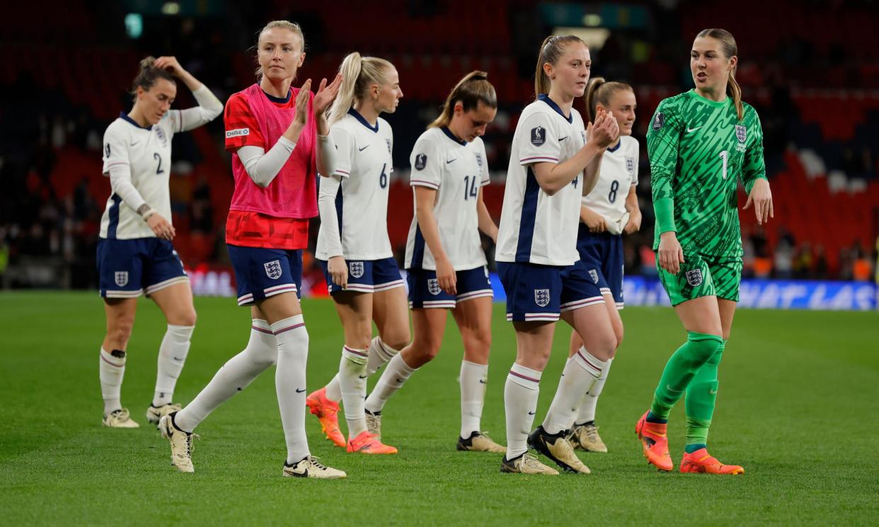 <span>England players applaud the fans after the disappointing draw with Sweden.</span><span>Photograph: Tom Jenkins/The Guardian</span>
