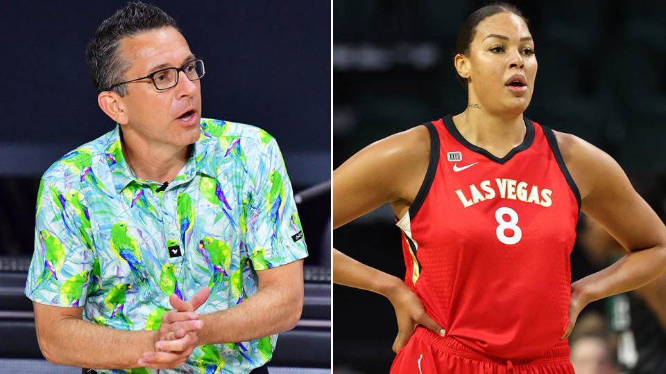 Connecticut Sun coach Curt Miller is seen here alongside a photo of Liz Cambage.