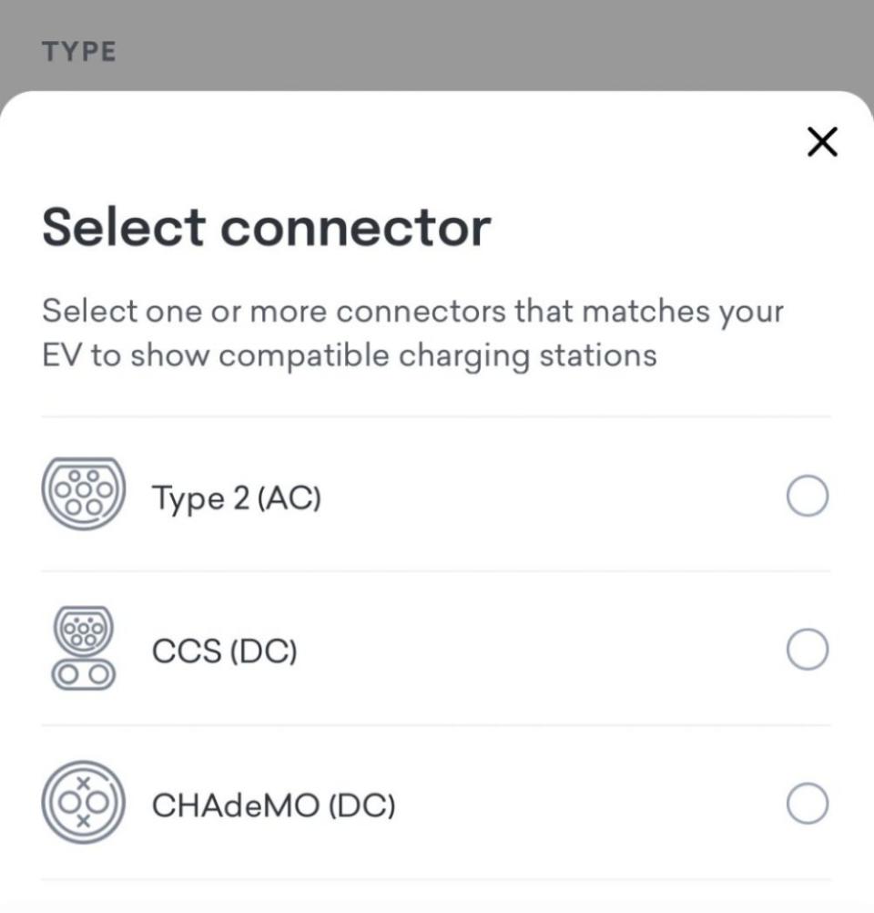 The app will also ask for the type of charging connector supported