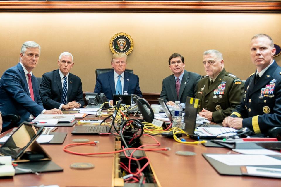 PHOTO: President Donald Trump is joined in the Situation Room of the White House by Vice President Mike Pence, and members of his national security team as they monitor a mission to kill ISIS leader Abu Bakr al-Baghdadi, Oct. 26, 2019 in Washington. (Shealah Craighead/The White House via Getty Images)