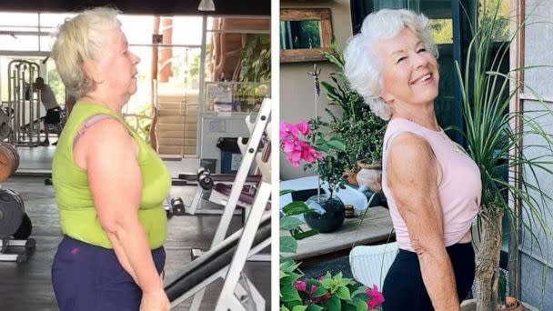 PHOTO: Joan MacDonald, who has lost over 60 pounds and become a health and wellness influencer on social media is pictured in an undated instagram side by side post. (@TrainWithJoan/Instagram)