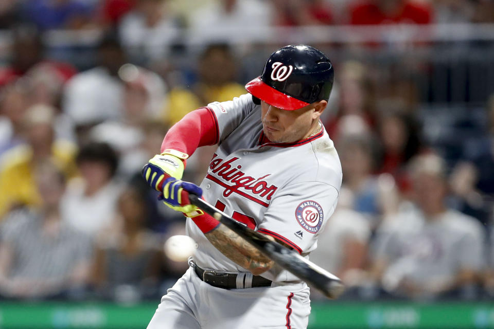 Washington Nationals' Asdrubal Cabrera hits a double driving in two runs in the fourth inning of a baseball game against the Pittsburgh Pirates, Monday, Aug. 19, 2019, in Pittsburgh. (AP Photo/Keith Srakocic)