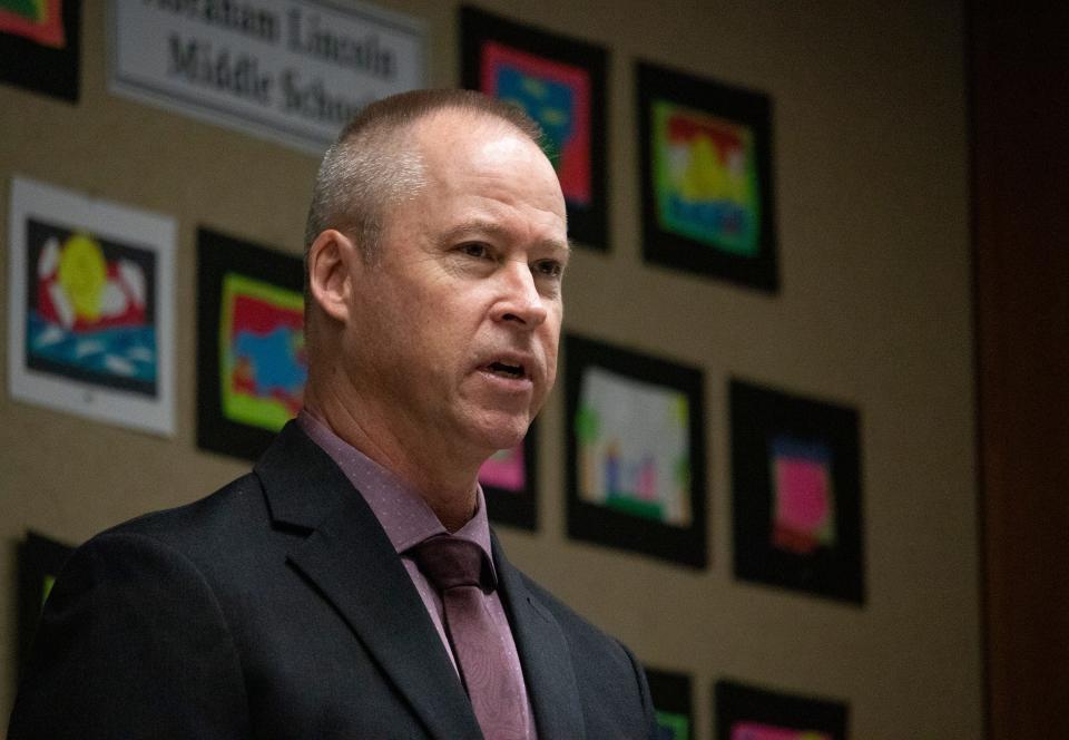 Interim Superintendent Shane Andrew speaks during the swearing-in ceremony at the Alachua County Public Schools district board room on Tuesday, Nov. 22, 2022.