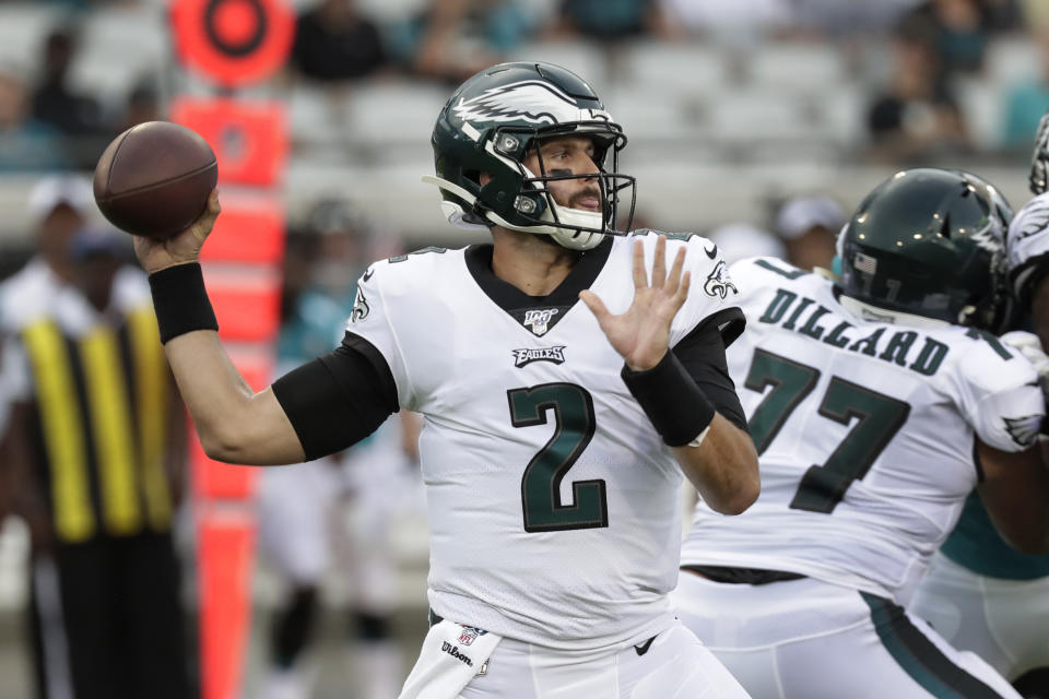 Philadelphia Eagles quarterback Cody Kessler (2) had to come out of Thursday's game during the first series. (AP)