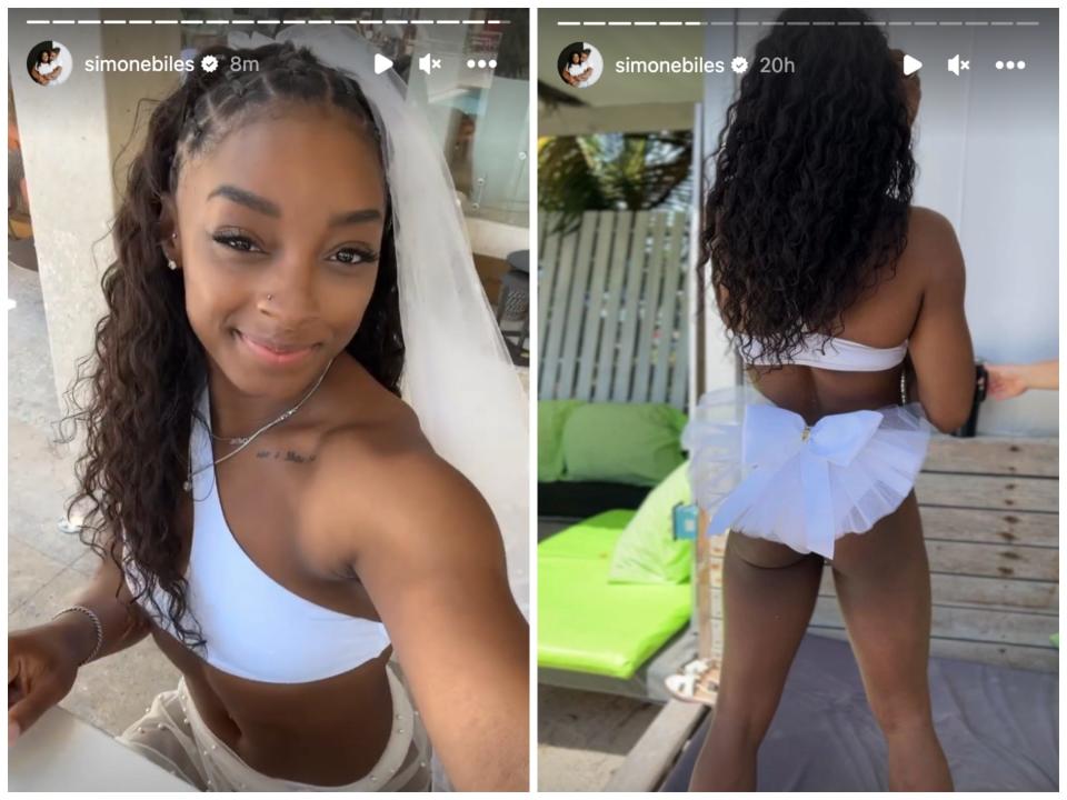 Biles stood out in all-white, bridal-themed bikinis.