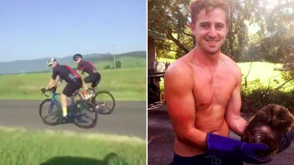 The two cyclists abused by driver Thomas Harris, right, were off-duty policemen, NSW Police has confirmed. Source: GoFundMe/Help Thomas Harris Pay His Fines