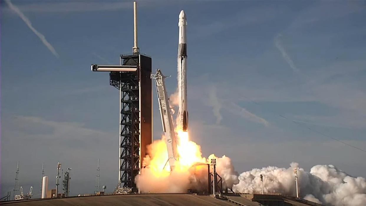 A SpaceX Falcon 9 rocket carrying a Dragon space station supply ship blasts off from the Kennedy Space Center Saturday, kicking off a 17-hour rendezvous. If all goes well, the Dragon, loaded with 7,700-pounds of supplies and equipment, will dock at the lab complex at 7:30 a.m. EST Sunday. / Credit: NASA TV