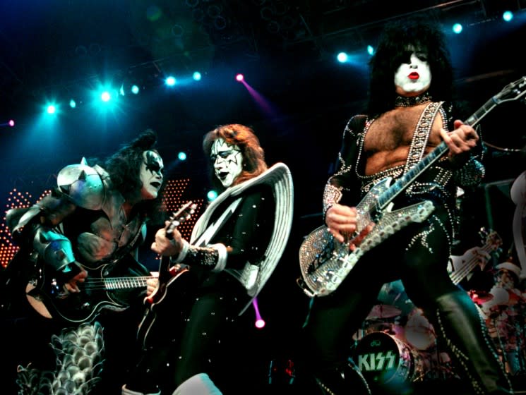 Glenn Koenig –– – (left to right) Members of the rock band KISS, Gene Simmons,Ace Frehley, and Paul Stanley as the band performed at the Pond.