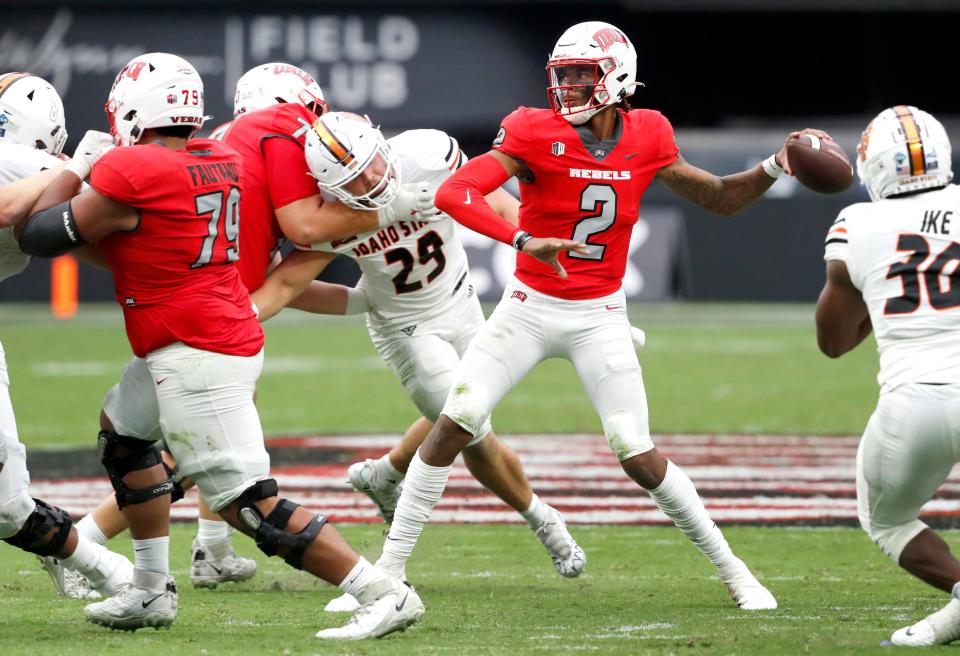 UNLV quarterback Doug Brumfield (2) passes during the first half of an NCAA college football game against Idaho State at Allegiant Stadium, Saturday, Aug. 27, 2022, in Las Vegas. (Steve Marcus/Las Vegas Sun via AP)