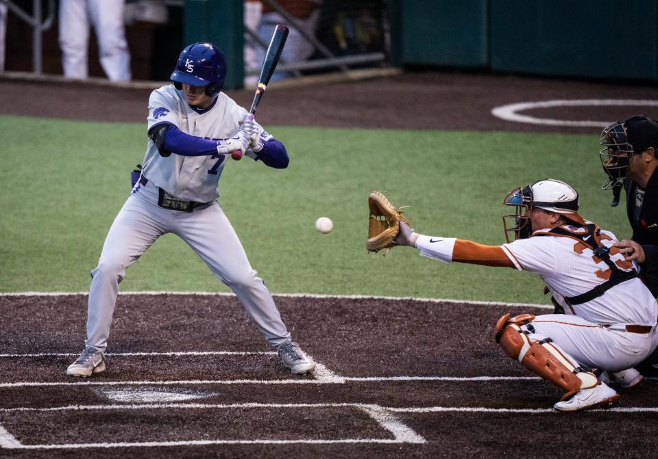 Kansas State second baseman Brady Day takes a pitch during a Big 12 game at Texas last Aspril 7. Day leads the Wildcats in hitting this season with a .398 average.