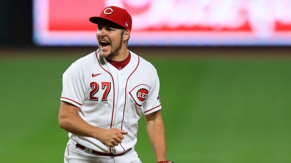 Mandatory Credit: Photo by Aaron Doster/AP/Shutterstock (10787373g)Cincinnati Reds' Trevor Bauer reacts after recording a strikeout against Milwaukee Brewers' Christian Yelich during a baseball game in Cincinnati, .