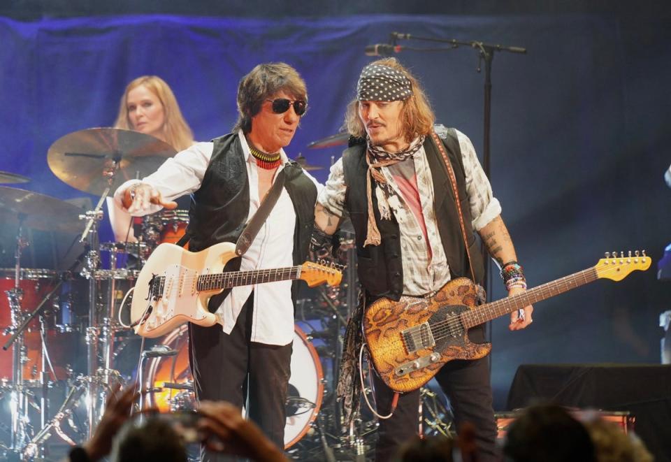 Johnny Depp (right) at the Royal Albert Hall, London, appearing alongside Jeff Beck (PA)