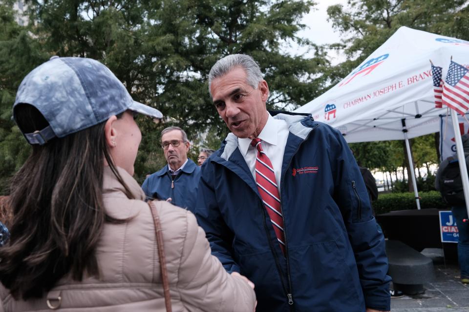 New Jersey Republican gubernatorial candidate Jack Ciattarelli participates in a campaign event with local residents on October 27, 2021 in Hoboken, New Jersey. Ciattarelli, who is running against Democratic incumbent Phil Murphy, has promised to reduce taxes and a streamline the state budget if elected.
