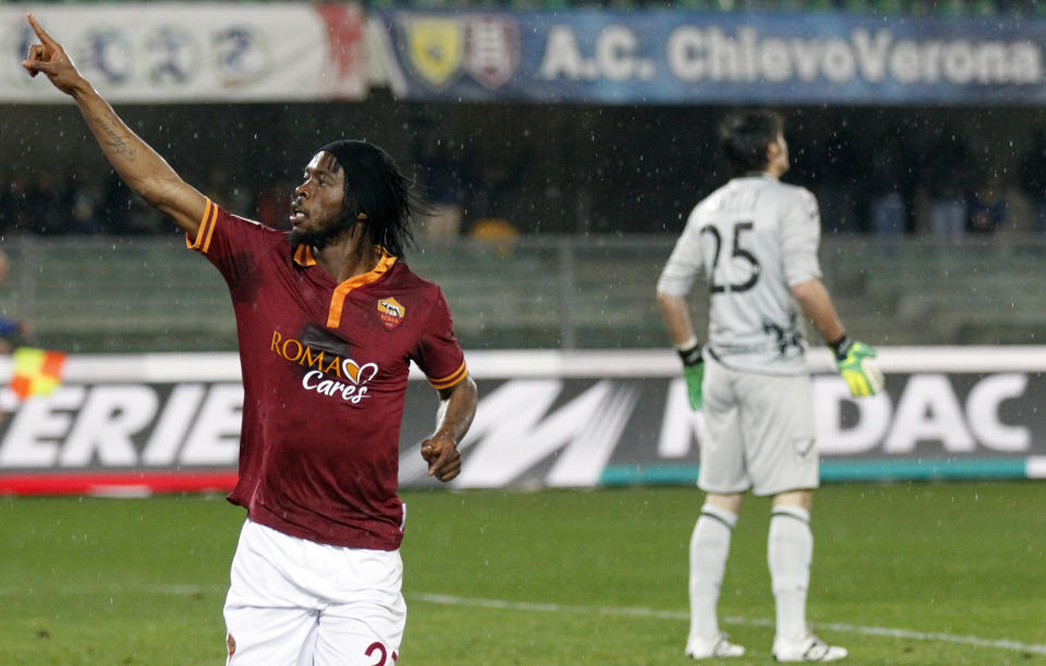 AS Roma's forward Gervinho, of Ivory Coast, celebrates after scoring during a Serie A soccer match against Chievo at Bentegodi stadium in Verona, Italy, Saturday, March 22, 2014. (AP Photo/Felice Calabro')