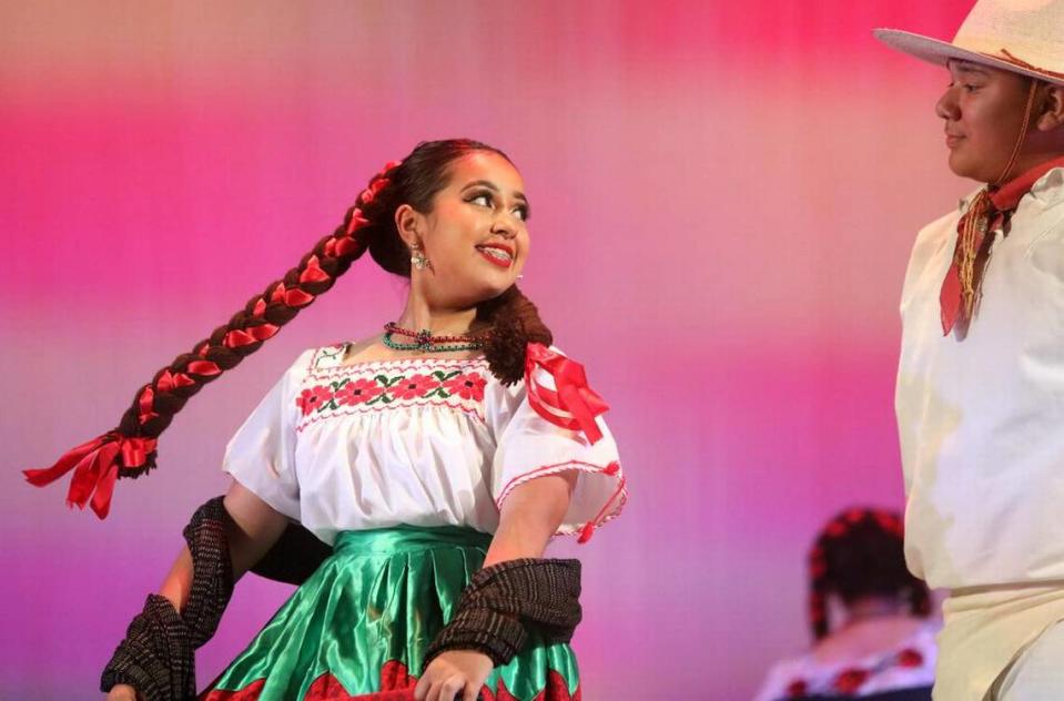 Melissa Garibay and Cade López perform ‘Jarabe Guanajuatense’ from Guanajuato at the Central East Danzantes de Tláloc 25th anniversary show at the Performing Arts Center on May 26, 2023.
