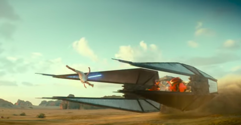 Rey leaps over Kylo Ren’s TIE Silencer (Disney/Lucasfilm)