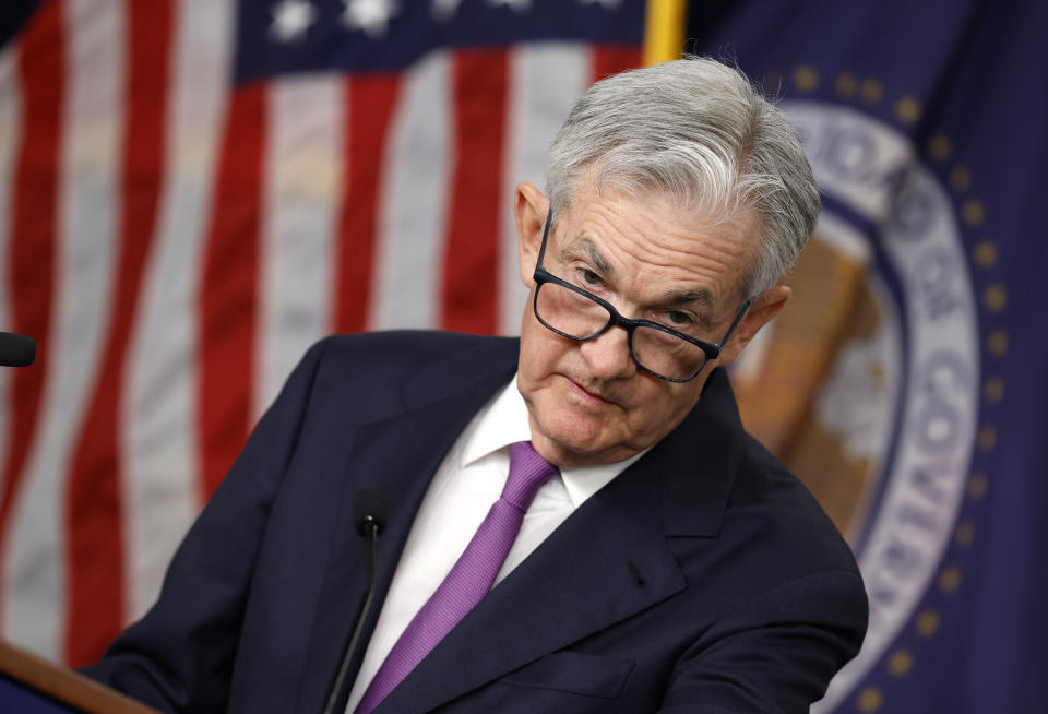 WASHINGTON, DC - SEPTEMBER 20: Federal Reserve Board Chairman Jerome Powell speaks during a news conference after a Federal Open Market Committee meeting on September 20, 2023 at the Federal Reserve in Washington, DC. In the face of slowing inflation and strong consumer spending, the Federal Reserve announced that it will keep the interest rate steady, holding the benchmark borrowing rate to a range of 5.25% to 5.5%. (Photo by Chip Somodevilla/Getty Images)