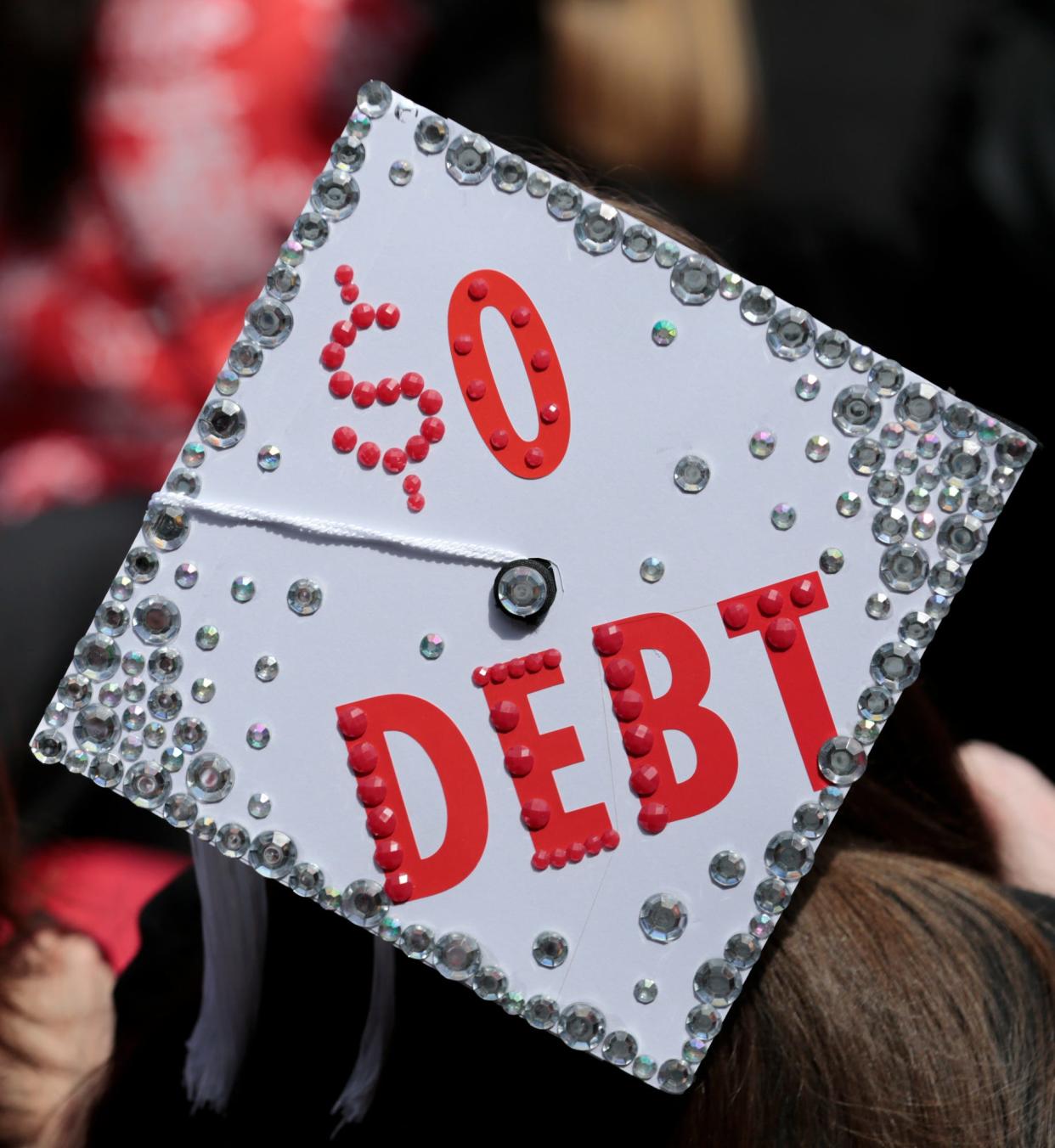 A graduate's decorated cap during spring commencement on May 5, 2019 at Ohio State University.