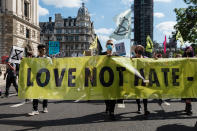 Environmental activists from Extinction Rebellion gather in Parliament Square on the first day of protest action in support of the Climate and Ecological Emergency Bill, as MPs return to the Commons after the summer recess on 01 September, 2020 in London, England. Extinction Rebellion plan to block streets in London, Manchester and Cardiff over 10 days as they call on MPs to support an innitiative for climate emergency bill, which would speed up the UKs progress on reducing its carbon emissions, and hold a national citizens assembly on the crisis. (Photo by WIktor Szymanowicz/NurPhoto via Getty Images)