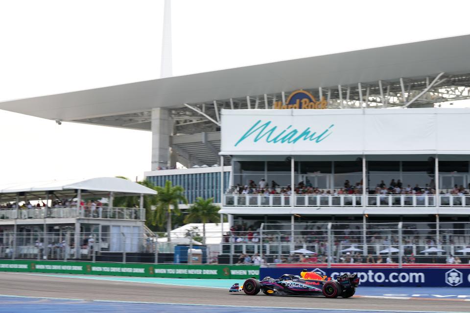 May 6, 2023; Miami Gardens, Florida, USA; Red Bull driver Max Verstappen (1) of the Netherlands during qualifying for the Miami Grand Prix at Miami International Autodrome. Mandatory Credit: Jasen Vinlove-USA TODAY Sports