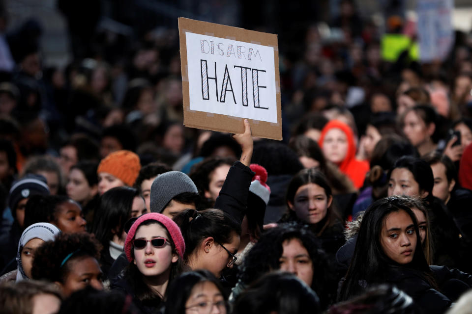 <p>Students from Fiorello H. Laguardia High School sit down on West 62nd street in support of the National School Walkout in the Manhattan borough of New York City, New York, U.S., March 14, 2018. (Photo: Mike Segar/Reuters) </p>