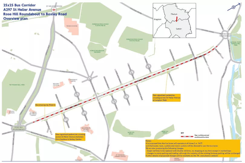 A map showing the proposed changes to the St Helier Avenue bus lanes