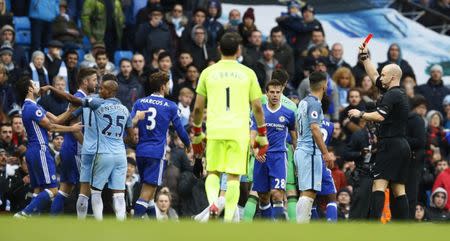 Manchester City's Fernandinho clashes with Chelsea's Cesc Fabregas before being sent off as Manchester City's Sergio Aguero is shown a red card by referee Anthony Taylor. Manchester City v Chelsea - Premier League - Etihad Stadium - 3/12/16. Action Images via Reuters / Jason Cairnduff Livepic